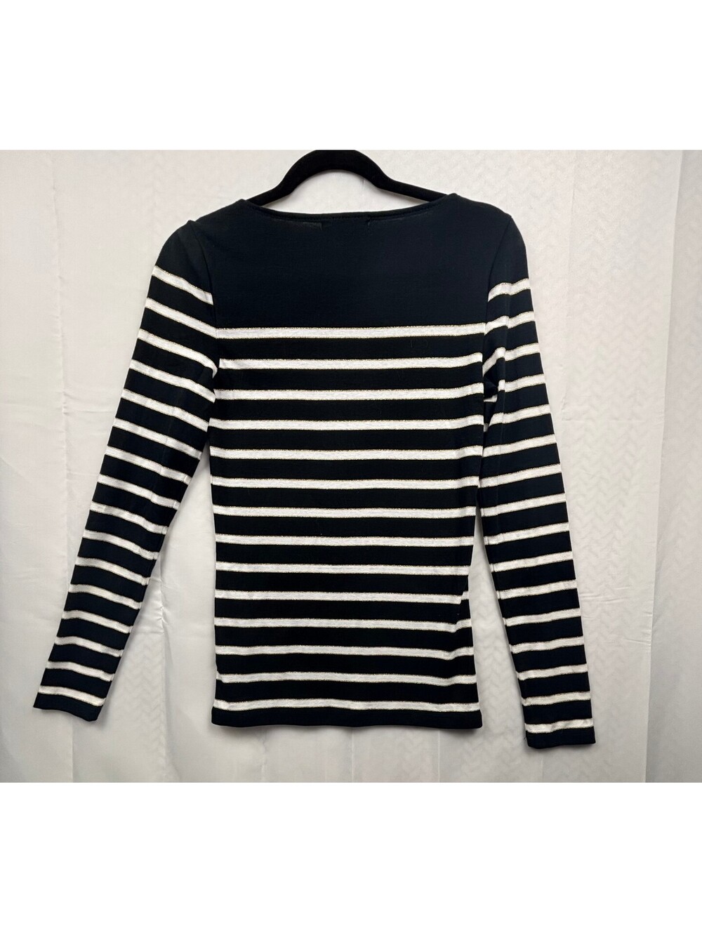 Lauren Ralph Lauren Black and White Striped Long Sleeve Top with Gold Metallic